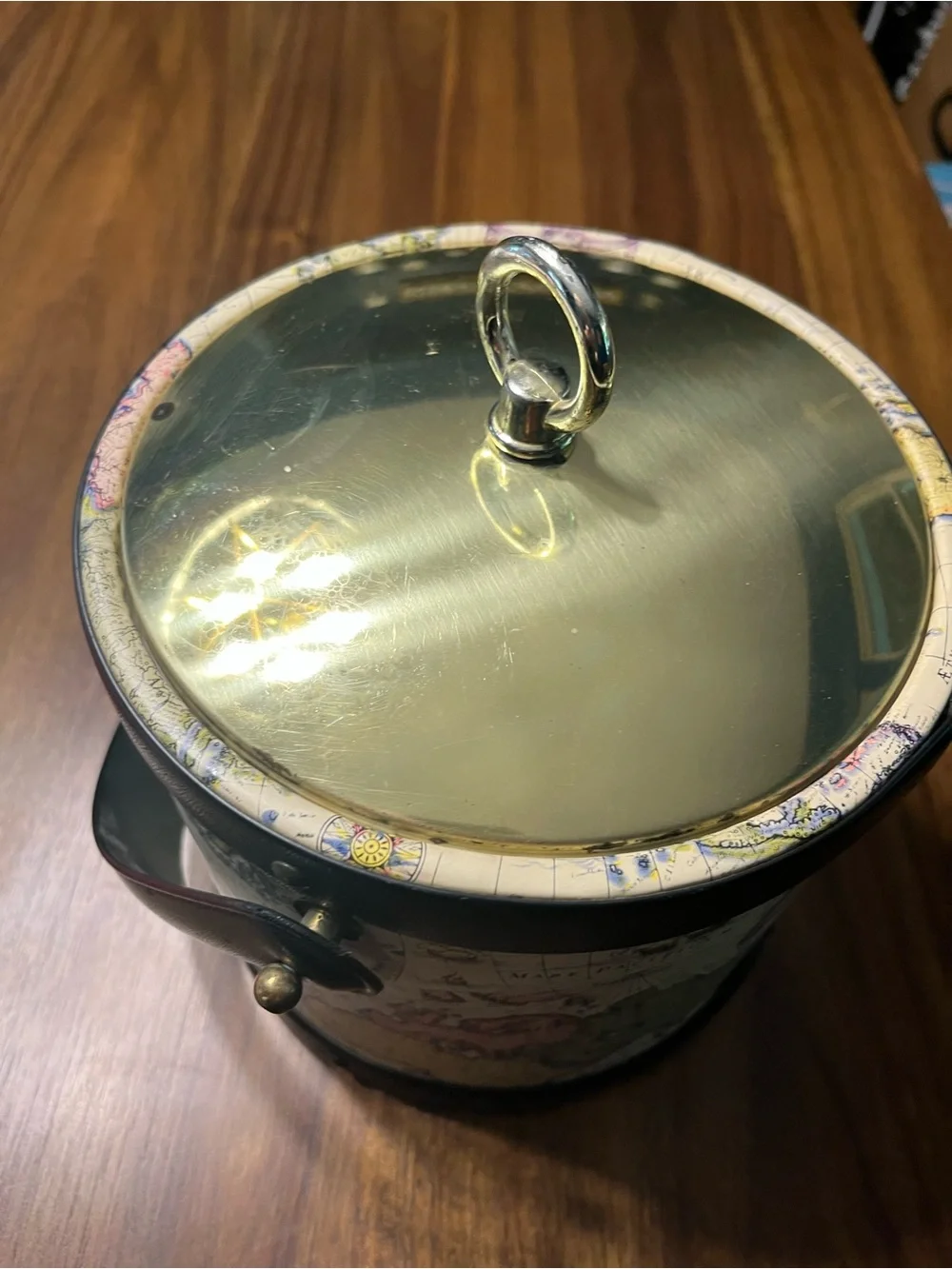 Decorative Brass-Lid Map Print Accent Ice  Bucket Cream and Gold